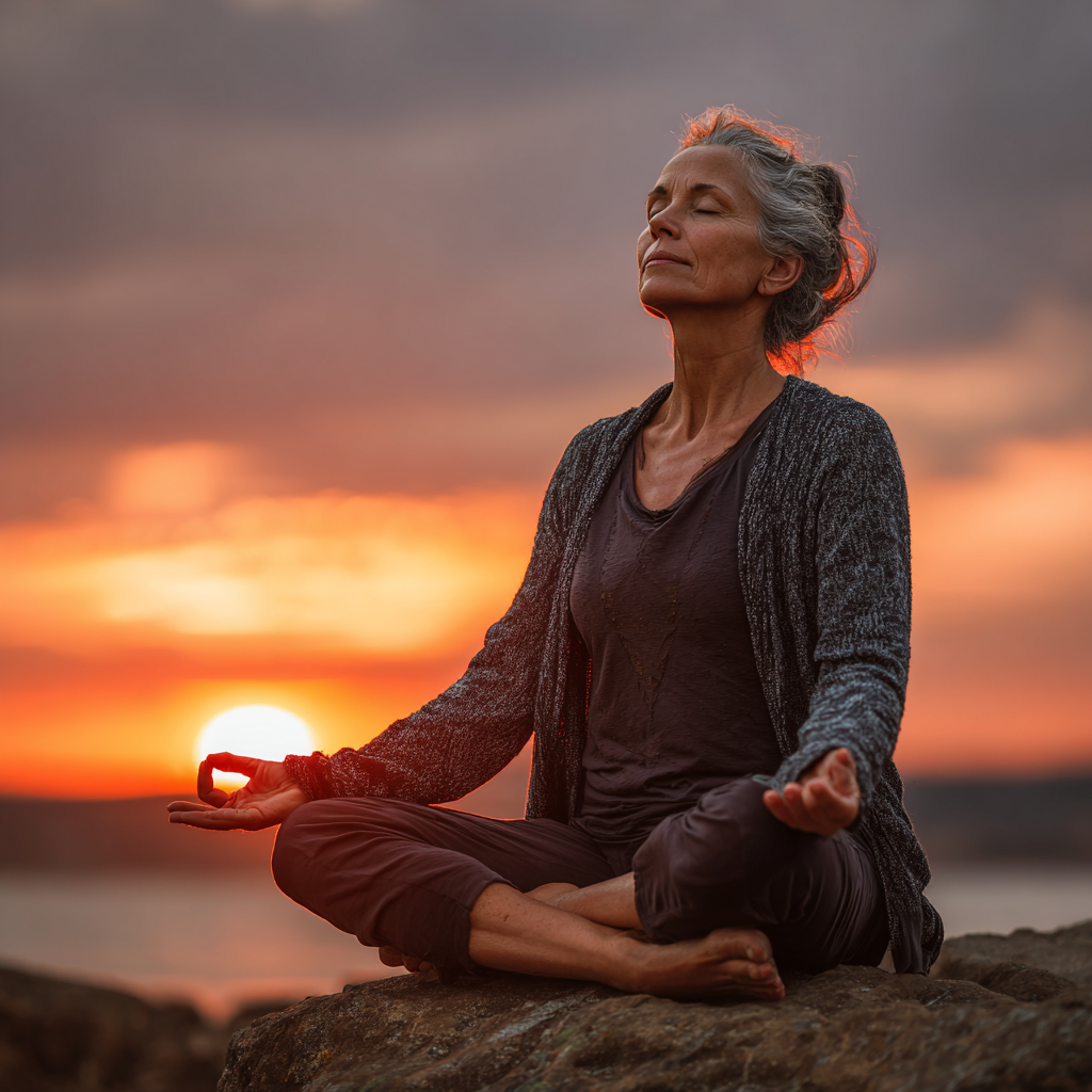 Middle-aged practitioner in peaceful yoga pose during sunset meditation session