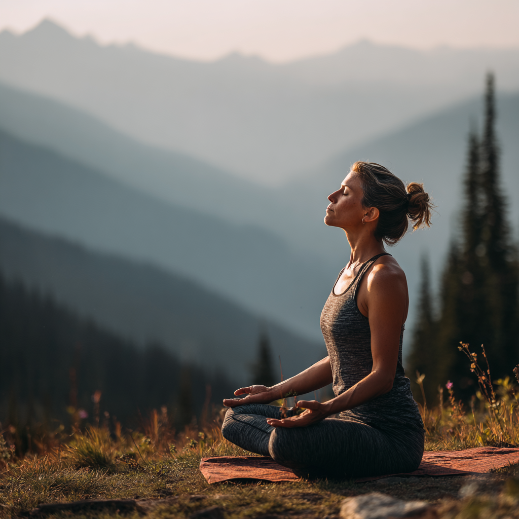 Woman practicing yoga in serene mountain setting, focusing on mindful breathing
